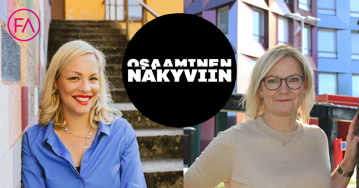 Eveliina ja Katja hymyilevät kameralle, keskellä pallon sisällä teksti osaaminen näkyviin.