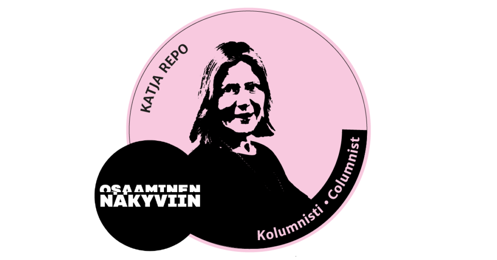 Katja Repo katsoo kameraan, kuva on graafinen leimasinkuva. Tekstit: Katja Repo, kolumni, osaaminen näkyviin
