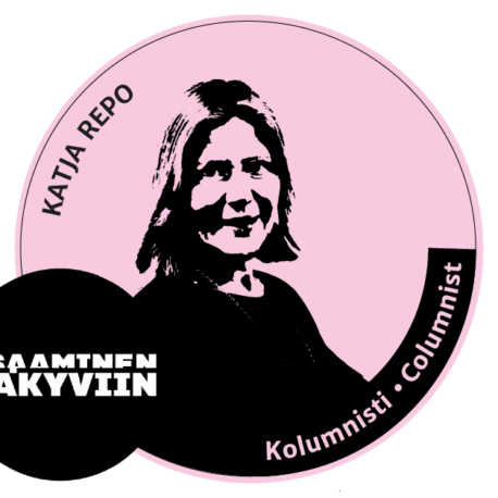 Katja Repo katsoo kameraan, kuva on graafinen leimasinkuva. Tekstit: Katja Repo, kolumni, osaaminen näkyviin