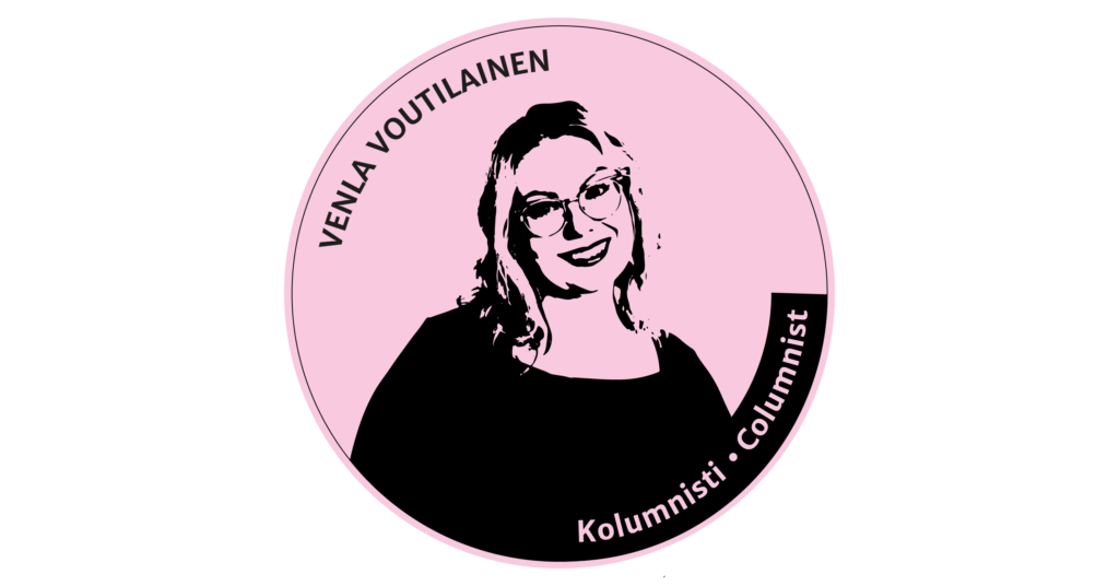 Leimamainen kuva mustalla, tausta vaaleanpunainen. Teksti: Venla Voutilainen. Kolumnisti.