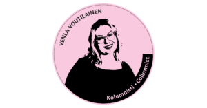 Leimamainen kuva mustalla, tausta vaaleanpunainen. Teksti: Venla Voutilainen. Kolumnisti.
