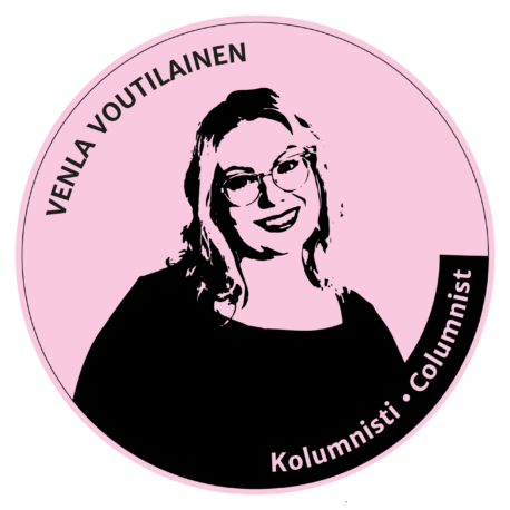 Leimamainen kuva mustalla, tausta vaaleanpunainen. Teksti: Venla Voutilainen. Kolumnisti.
