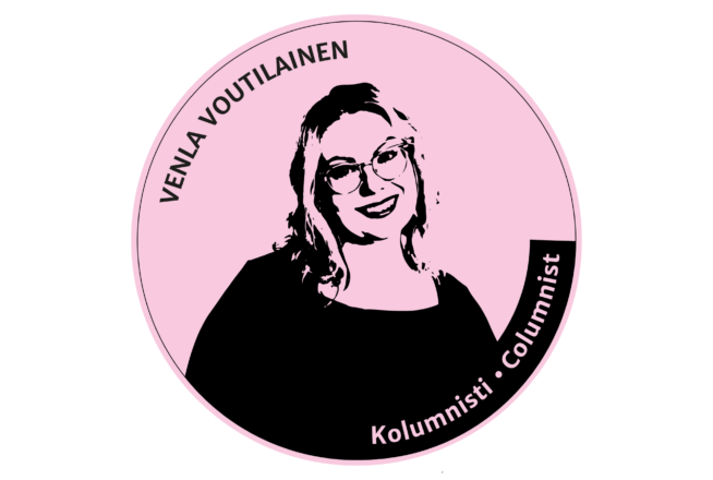 Leimamainen kuva mustalla, tausta vaaleanpunainen. Teksti: Venla Voutilainen. Kolumnisti.