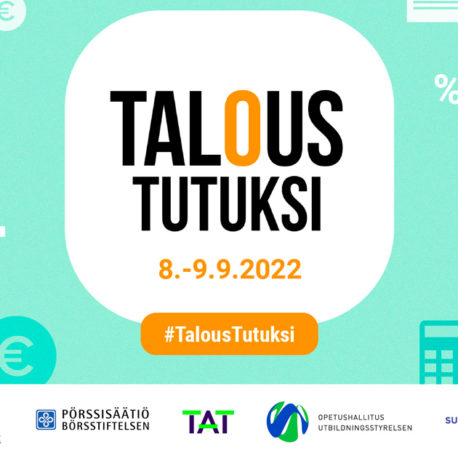 Talous tutuksi -kiertueen logo ja järjestäjien logot vihreällä taustalla.