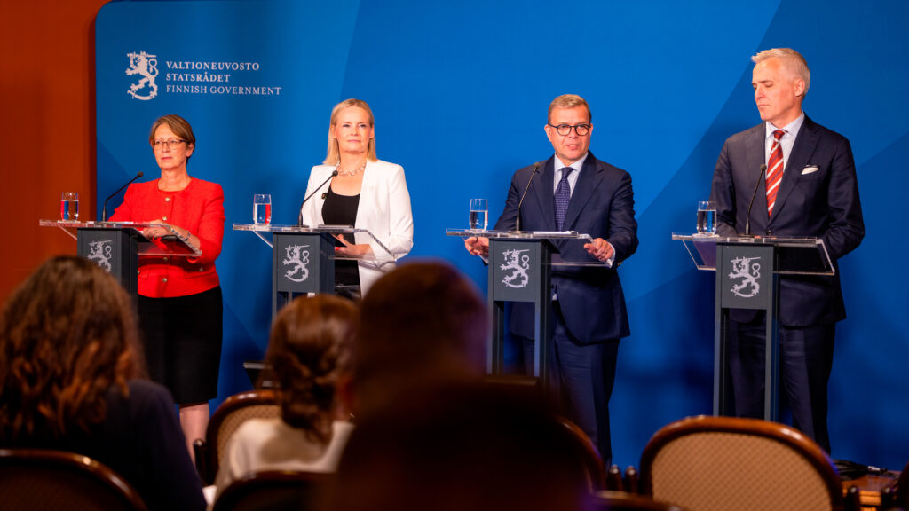 Ministerit Sari Essayah, Riikka Purra, Petteri Orpo ja Anders Adlercreutz